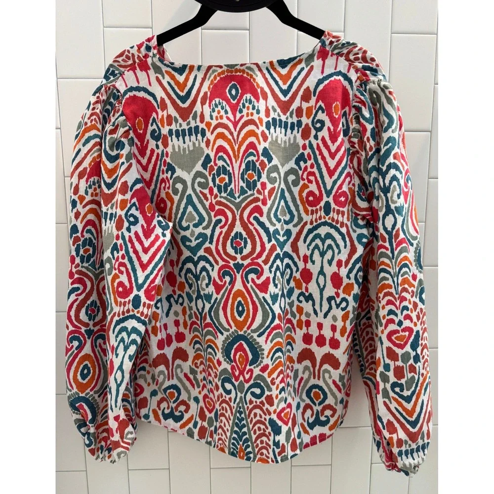 Boden Womens Red Blue Boho Ikat Linen V-Neck Puff Sleeve Blouse Top US 6 T0960
